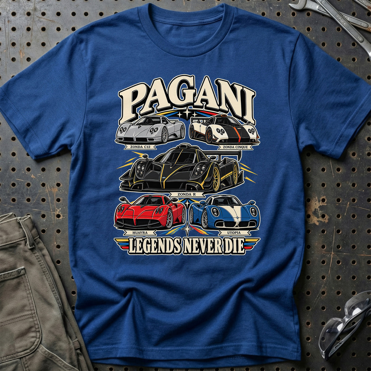 Pagani Legends Never Die T-Shirt-Beklædning-Pagani-Blå Royal-S-Garage Culture Shop- garage - man cave - merchandise