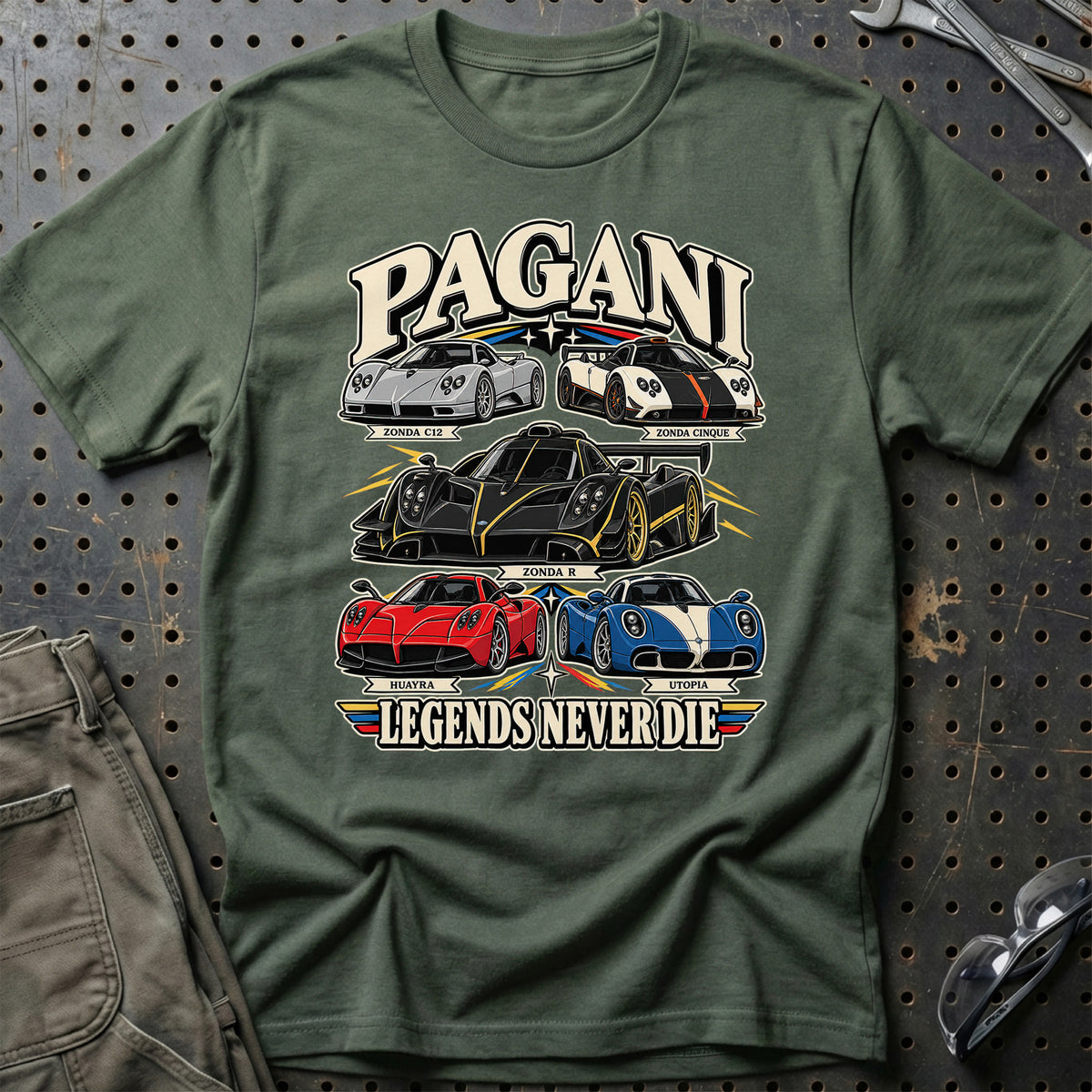 Pagani Legends Never Die T-Shirt-Beklædning-Pagani-Grøn Militær-S-Garage Culture Shop- garage - man cave - merchandise