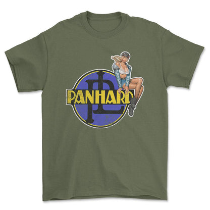 Panhard Pinup - Unisex T-Shirt , Bomuld-Beklædning-Panhard-Grøn Militær-S-Forside-Garage Culture Shop- garage - man cave - merchandise
