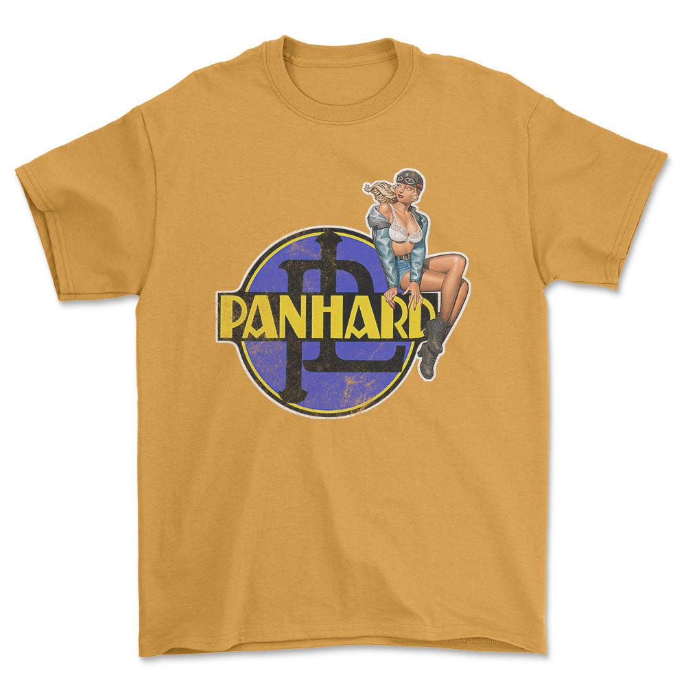 Panhard Pinup - Unisex T-Shirt , Bomuld-Beklædning-Panhard-Guld-S-Forside-Garage Culture Shop- garage - man cave - merchandise