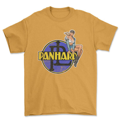 Panhard Pinup - Unisex T-Shirt , Bomuld-Beklædning-Panhard-Guld-S-Forside-Garage Culture Shop- garage - man cave - merchandise
