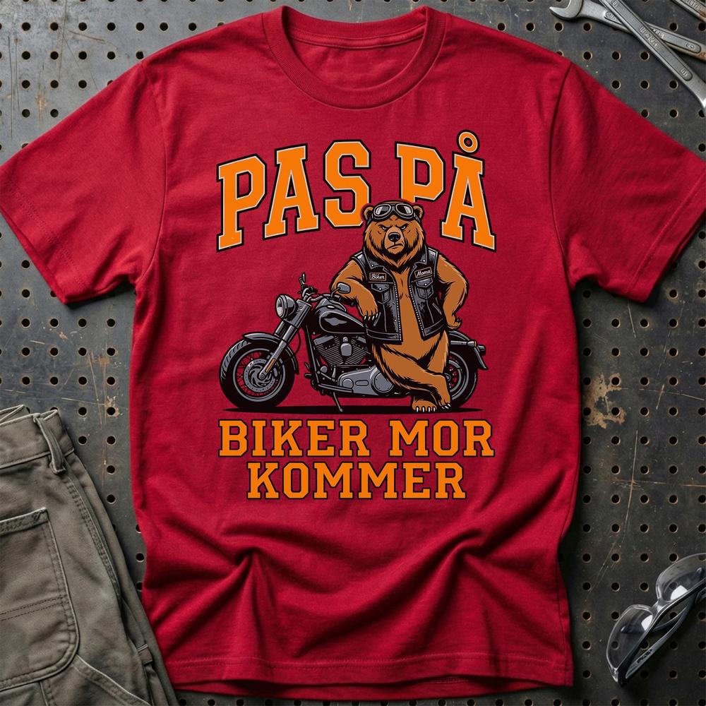 Pas På Biker Mor Kommer - Motorcykel T-Shirt til Kvinder T-Shirt-Beklædning-Garage Culture-Rød-S-Garage Culture Shop- garage - man cave - merchandise