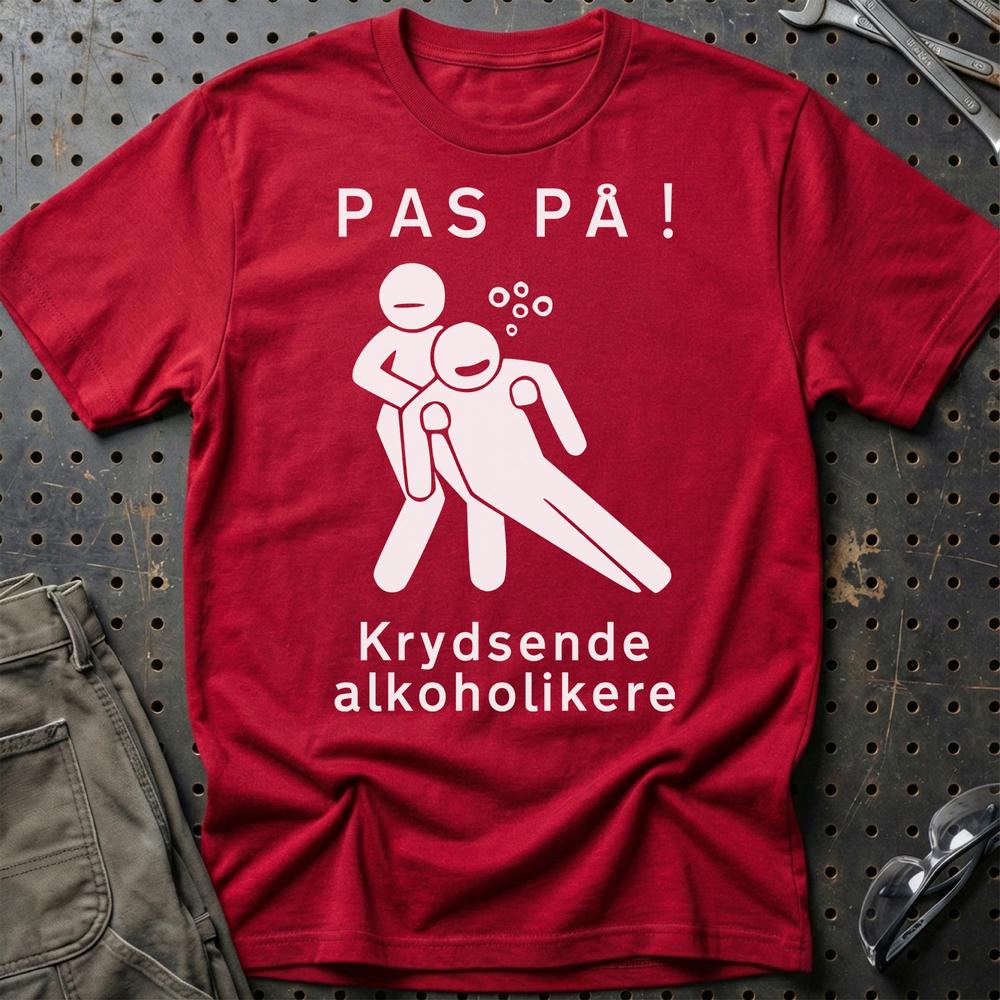 Pas På Krydsende Alkoholikere T-Shirt-Beklædning-Garage Culture-Rød-S-Garage Culture Shop- garage - man cave - merchandise