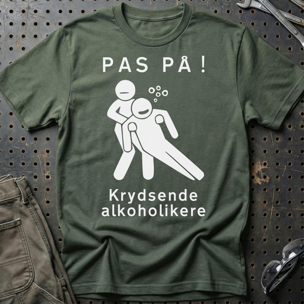 Pas På Krydsende Alkoholikere T-Shirt-Beklædning-Garage Culture-Grøn Militær-S-Garage Culture Shop- garage - man cave - merchandise