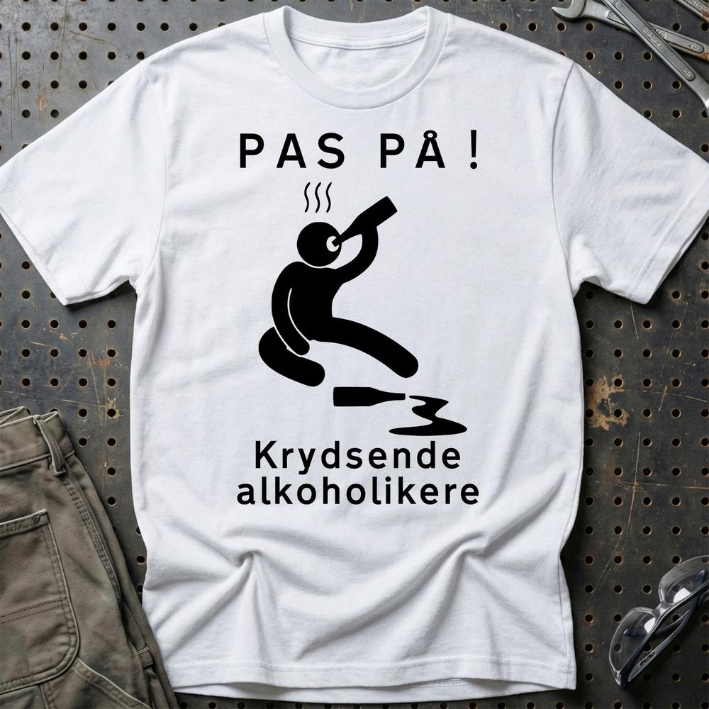 Pas På Krydsende Alkoholikere - Unisex T-Shirt , Bomuld-Beklædning-Garage Culture-Hvid-S-Garage Culture Shop- garage - man cave - merchandise