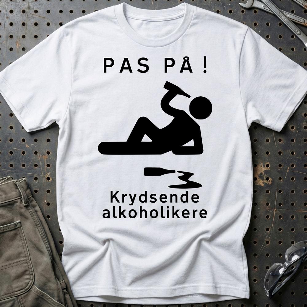 Pas På Krydsende Alkoholikere - Unisex T-Shirt , Bomuld-Beklædning-Garage Culture-Hvid-S-Garage Culture Shop- garage - man cave - merchandise