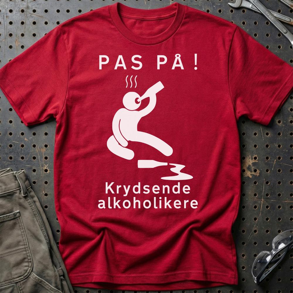Pas På Krydsende Alkoholikere - Unisex T-Shirt , Bomuld-Beklædning-Garage Culture-Rød-S-Garage Culture Shop- garage - man cave - merchandise