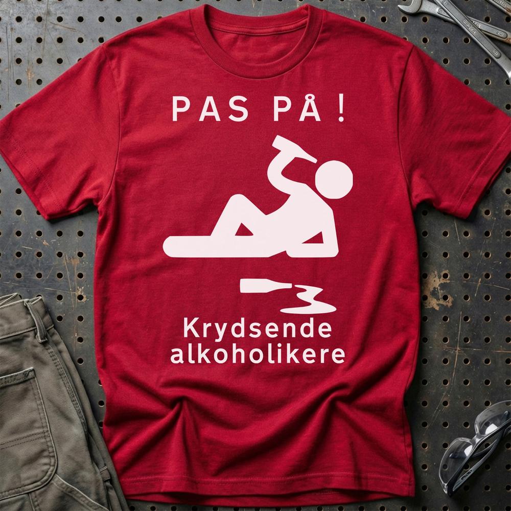 Pas På Krydsende Alkoholikere - Unisex T-Shirt , Bomuld-Beklædning-Garage Culture-Rød-S-Garage Culture Shop- garage - man cave - merchandise