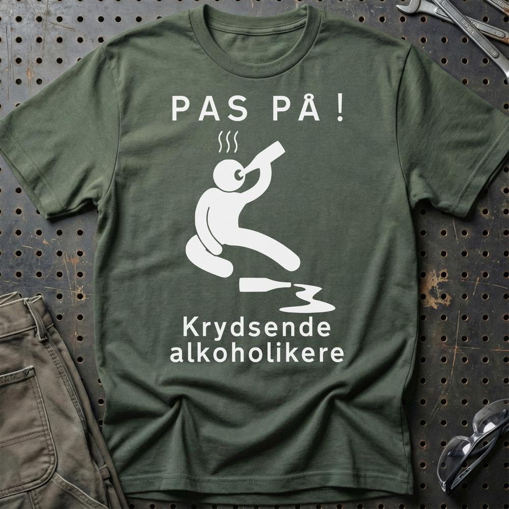 Pas På Krydsende Alkoholikere - Unisex T-Shirt , Bomuld-Beklædning-Garage Culture-Grøn Militær-S-Garage Culture Shop- garage - man cave - merchandise