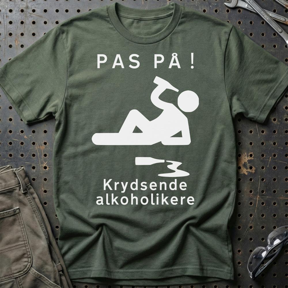 Pas På Krydsende Alkoholikere - Unisex T-Shirt , Bomuld-Beklædning-Garage Culture-Grøn Militær-S-Garage Culture Shop- garage - man cave - merchandise