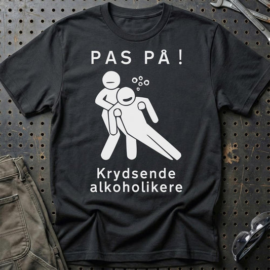 Pas På Krydsende Alkoholikere - Unisex T-Shirt , Bomuld-Beklædning-Garage Culture-Sort-S-Garage Culture Shop- garage - man cave - merchandise