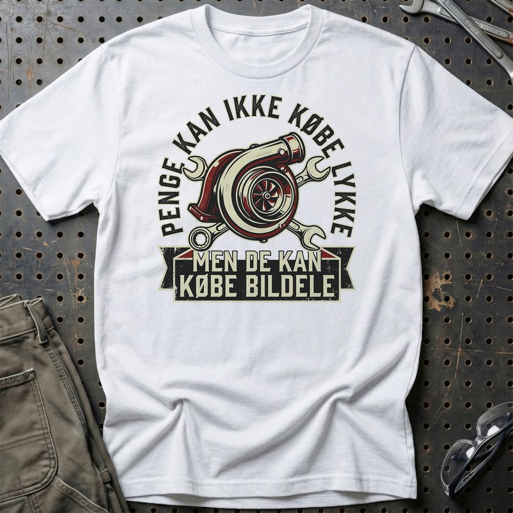 Penge Kan Ikke Købe Lykke – Men De Kan Købe Bildele Unisex T-Shirt , Bomuld-Beklædning-Garage Culture-Hvid-S-Garage Culture Shop- garage - man cave - merchandise