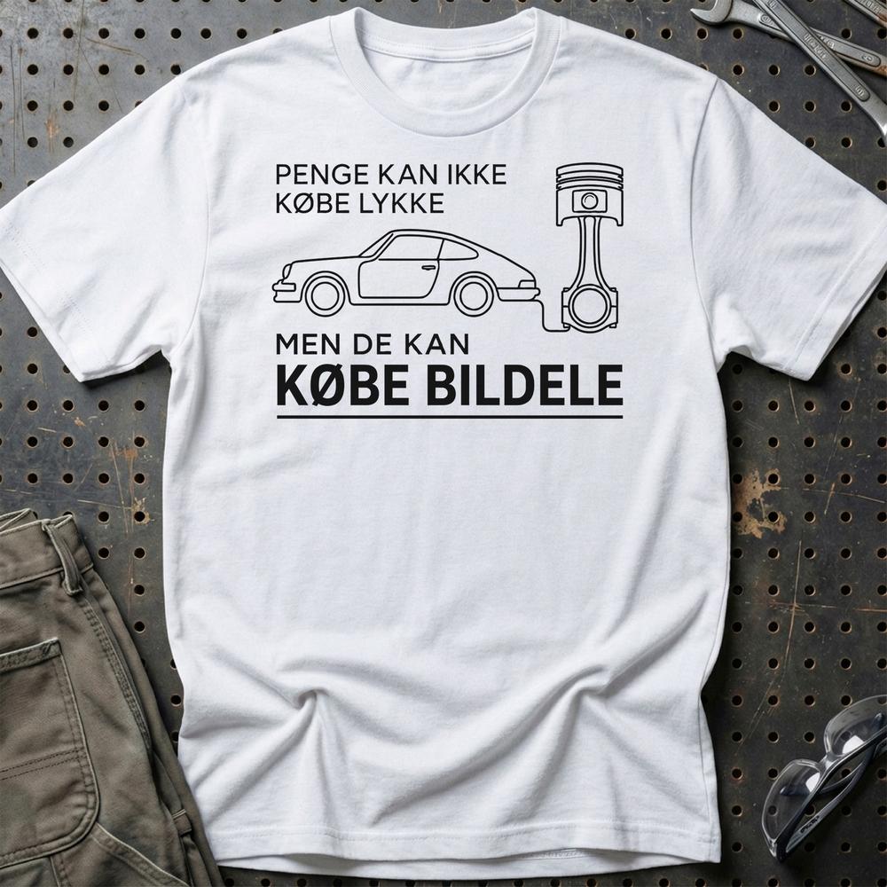Penge Kan Ikke Købe Lykke – Men De Kan Købe Bildele Unisex T-Shirt , Bomuld-Beklædning-Garage Culture-Hvid-S-Garage Culture Shop- garage - man cave - merchandise