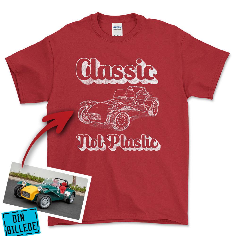 Personlig - Classic Not plastic - Med Skitse Fra Dit Bil-/Motorcykelbillede T-Shirt-Beklædning-Garage Culture-Rød-S-Garage Culture Shop- garage - man cave - merchandise