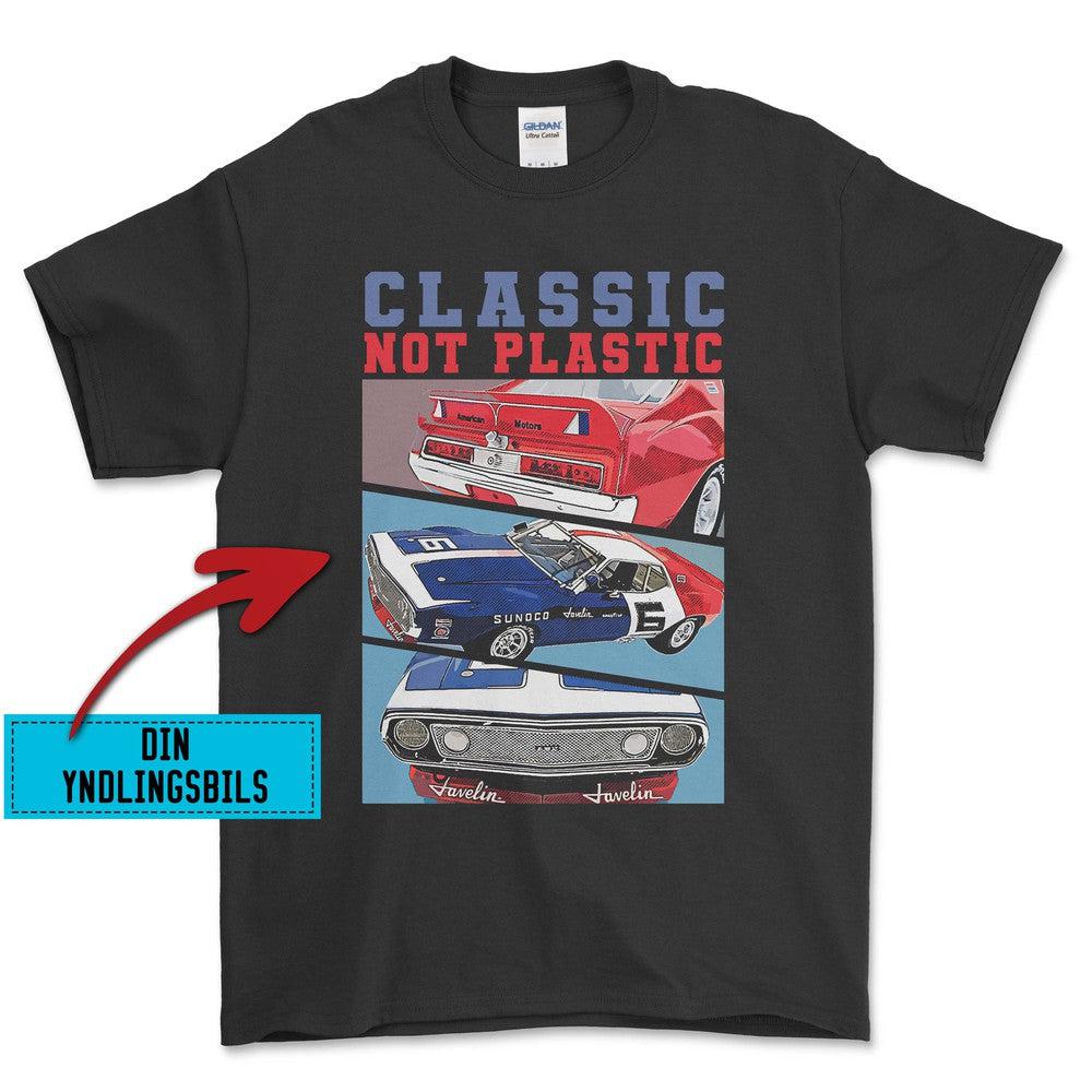 Personlig - Classic not Plastic - Med Din Yndlingsbils Unisex T-Shirt , Bomuld-Beklædning-Garage Culture-Garage Culture Shop- garage - man cave - merchandise