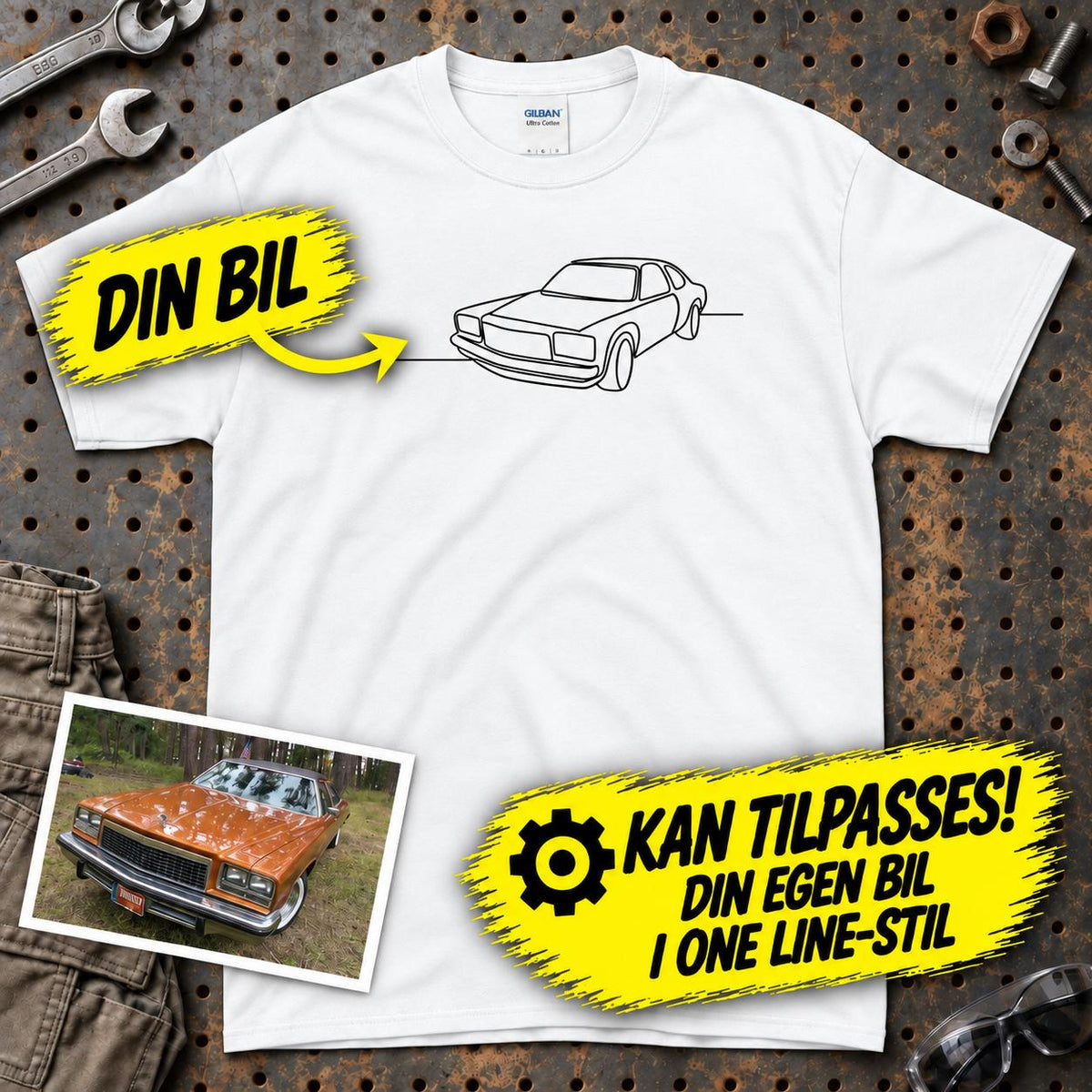 
Produktbillede af Personlig - Din Bil One Line Style - Med Din Bil MC Billede T-Shirt