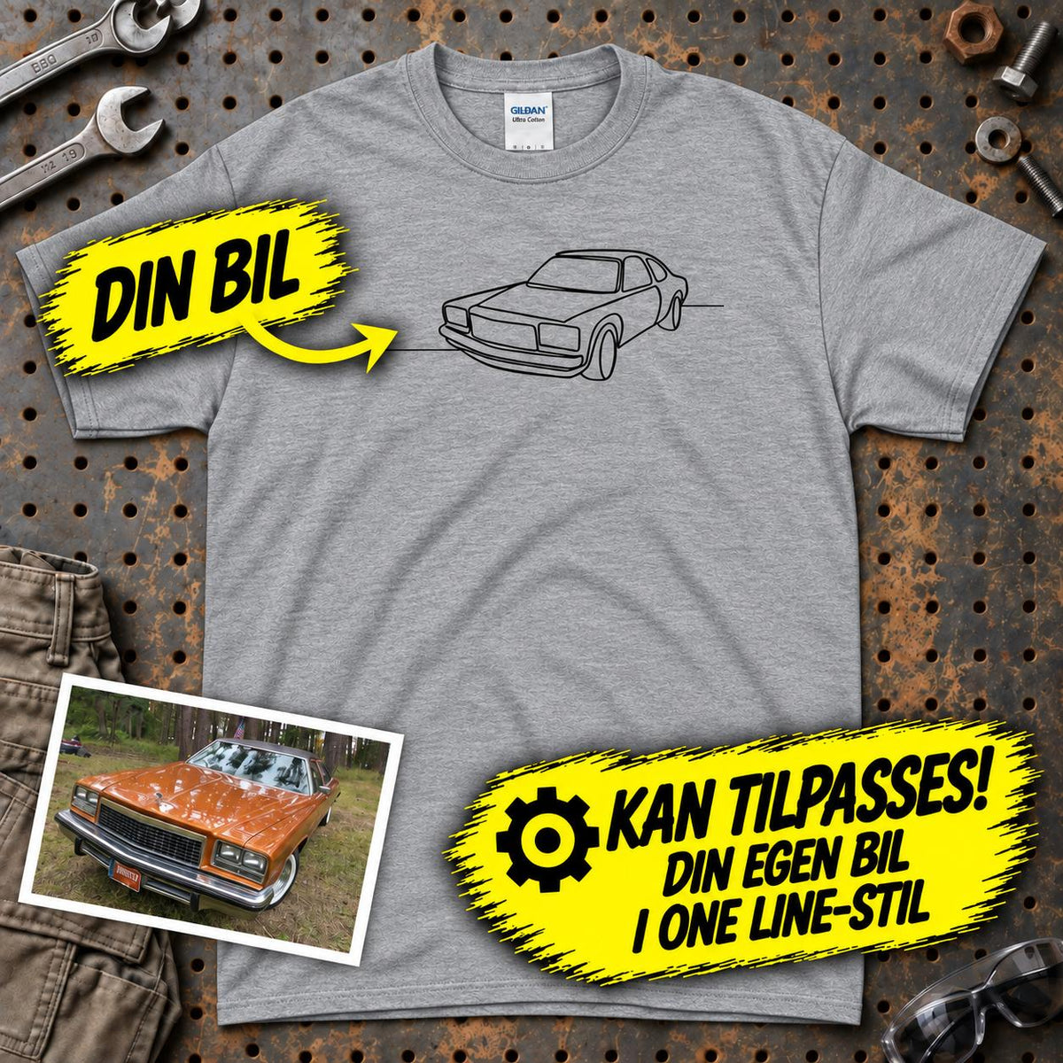 
Produktbillede af Personlig - Din Bil One Line Style - Med Din Bil MC Billede T-Shirt
