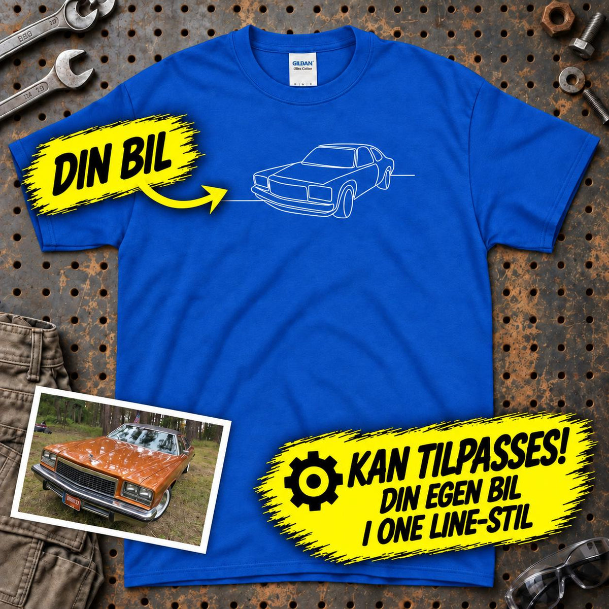 
Produktbillede af Personlig - Din Bil One Line Style - Med Din Bil MC Billede T-Shirt