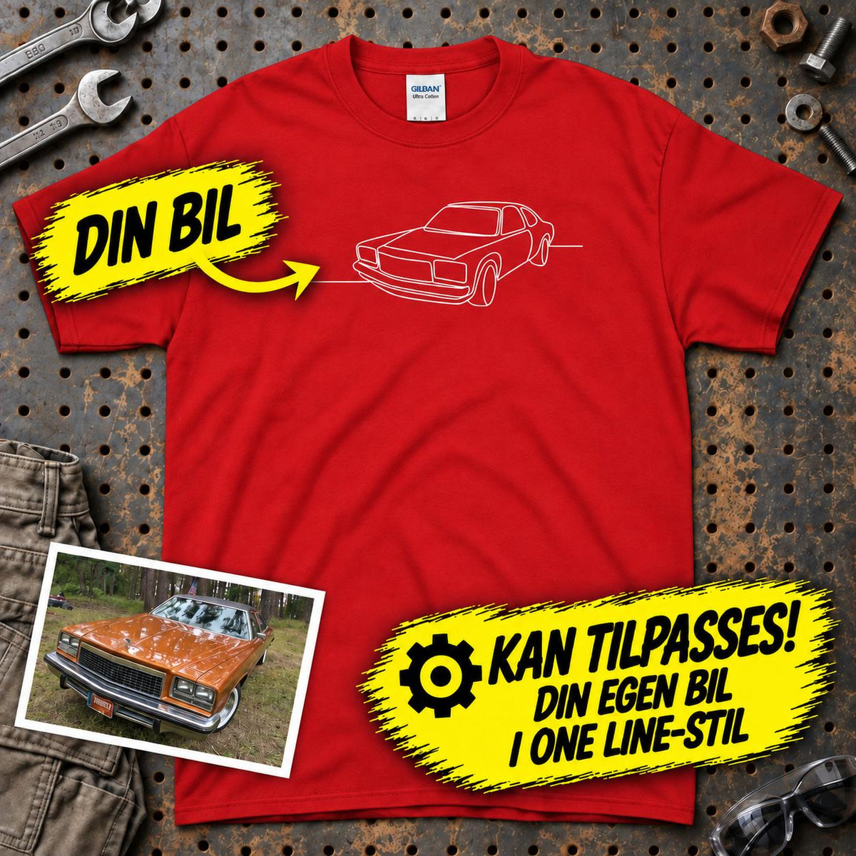 
Produktbillede af Personlig - Din Bil One Line Style - Med Din Bil MC Billede T-Shirt