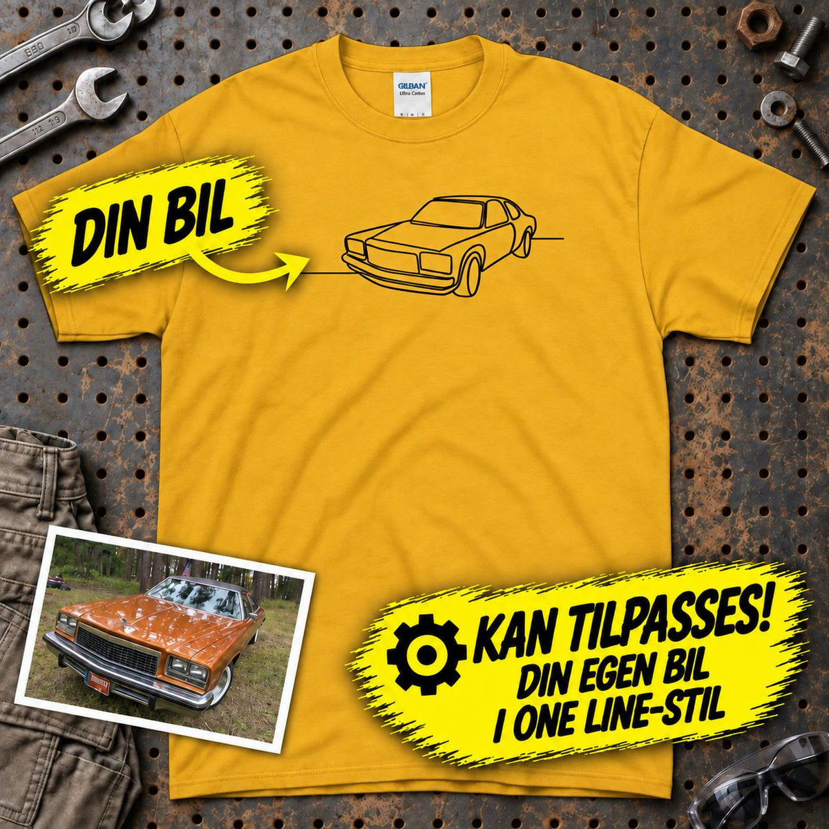 
Produktbillede af Personlig - Din Bil One Line Style - Med Din Bil MC Billede T-Shirt