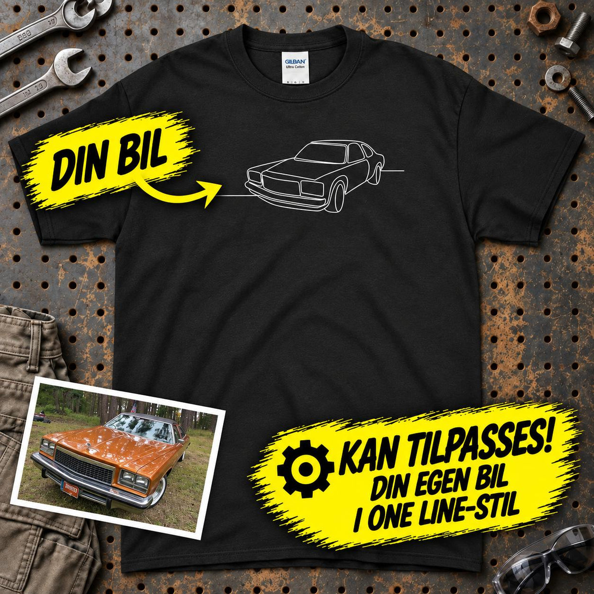 
Produktbillede af Personlig - Din Bil One Line Style - Med Din Bil MC Billede T-Shirt