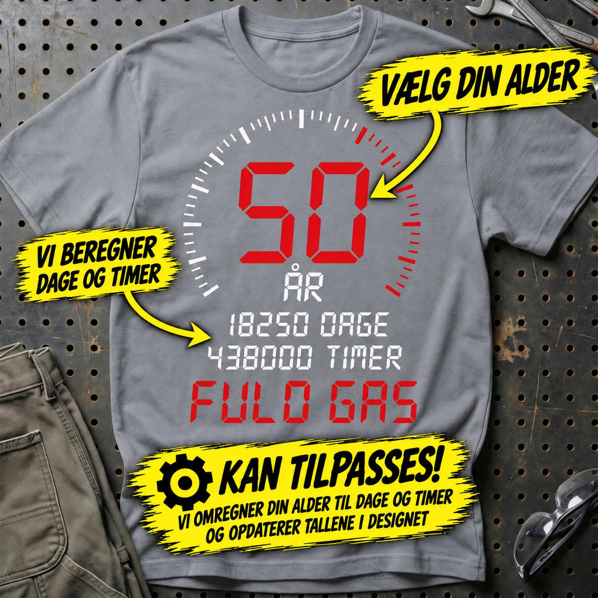 
Produktbillede af Personlig – Din alder, fuld gas – Fødselsdags-T-shirt