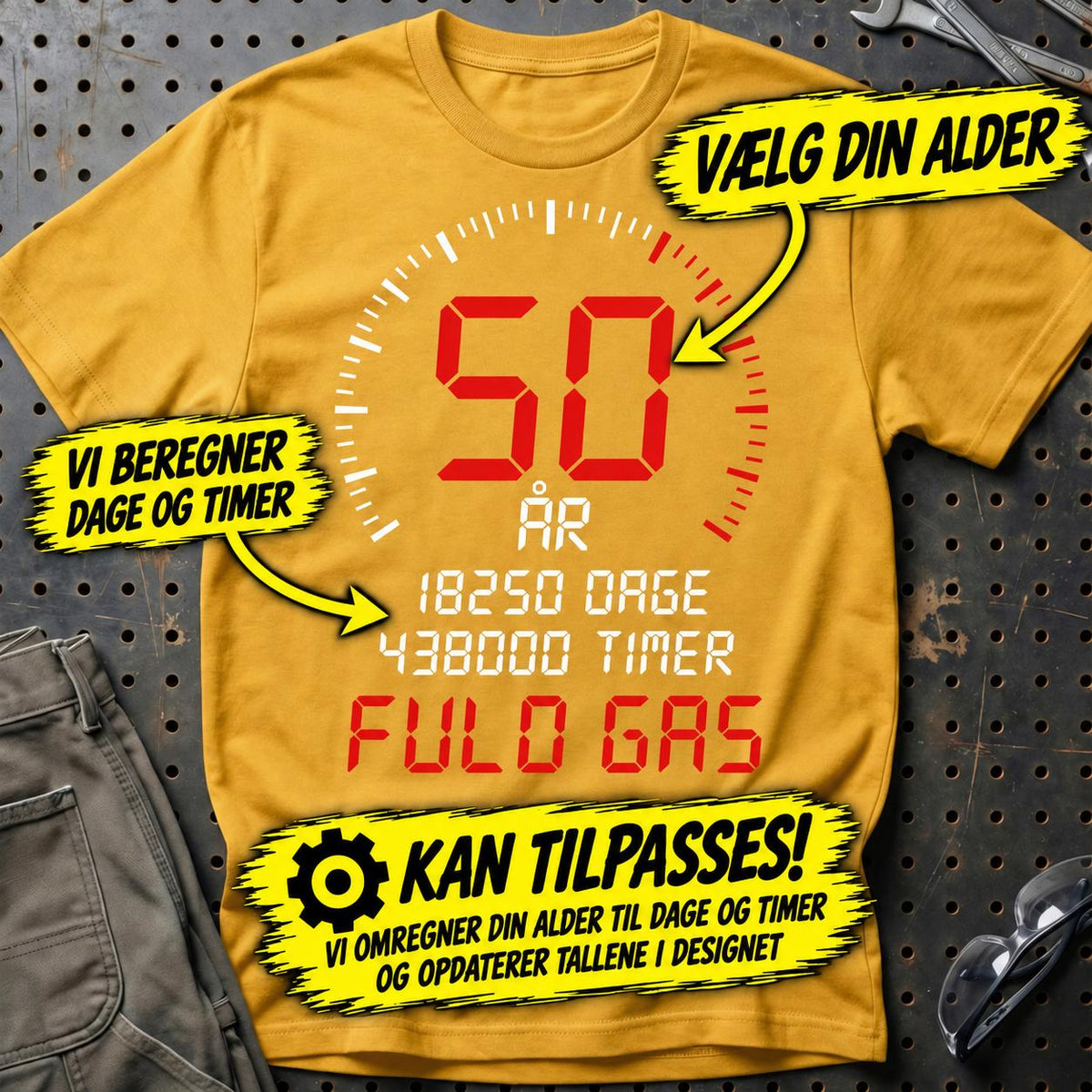 
Produktbillede af Personlig – Din alder, fuld gas – Fødselsdags-T-shirt