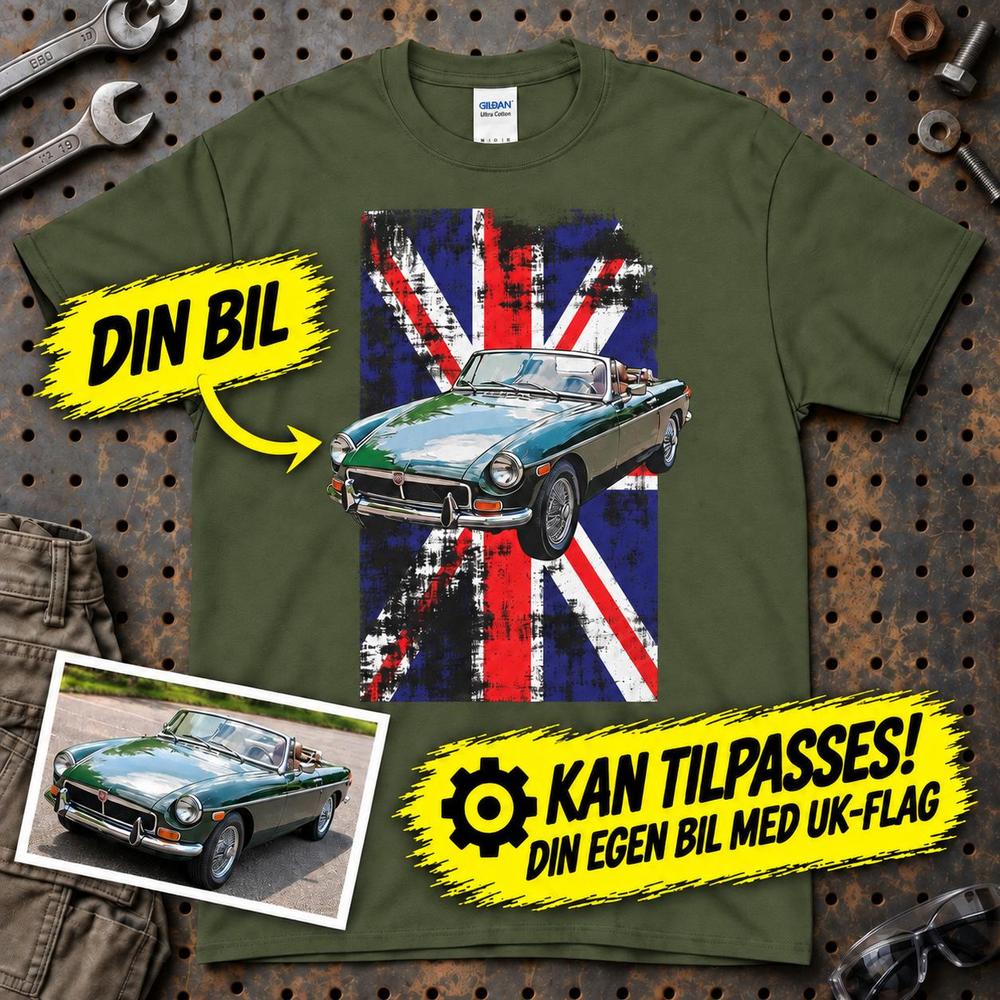 
Produktbillede af Personlig - Din bil og UK Flag - Med Din Bil MC Billede T-Shirt