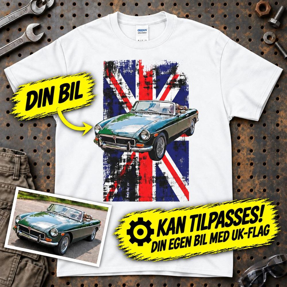 
Produktbillede af Personlig - Din bil og UK Flag - Med Din Bil MC Billede T-Shirt
