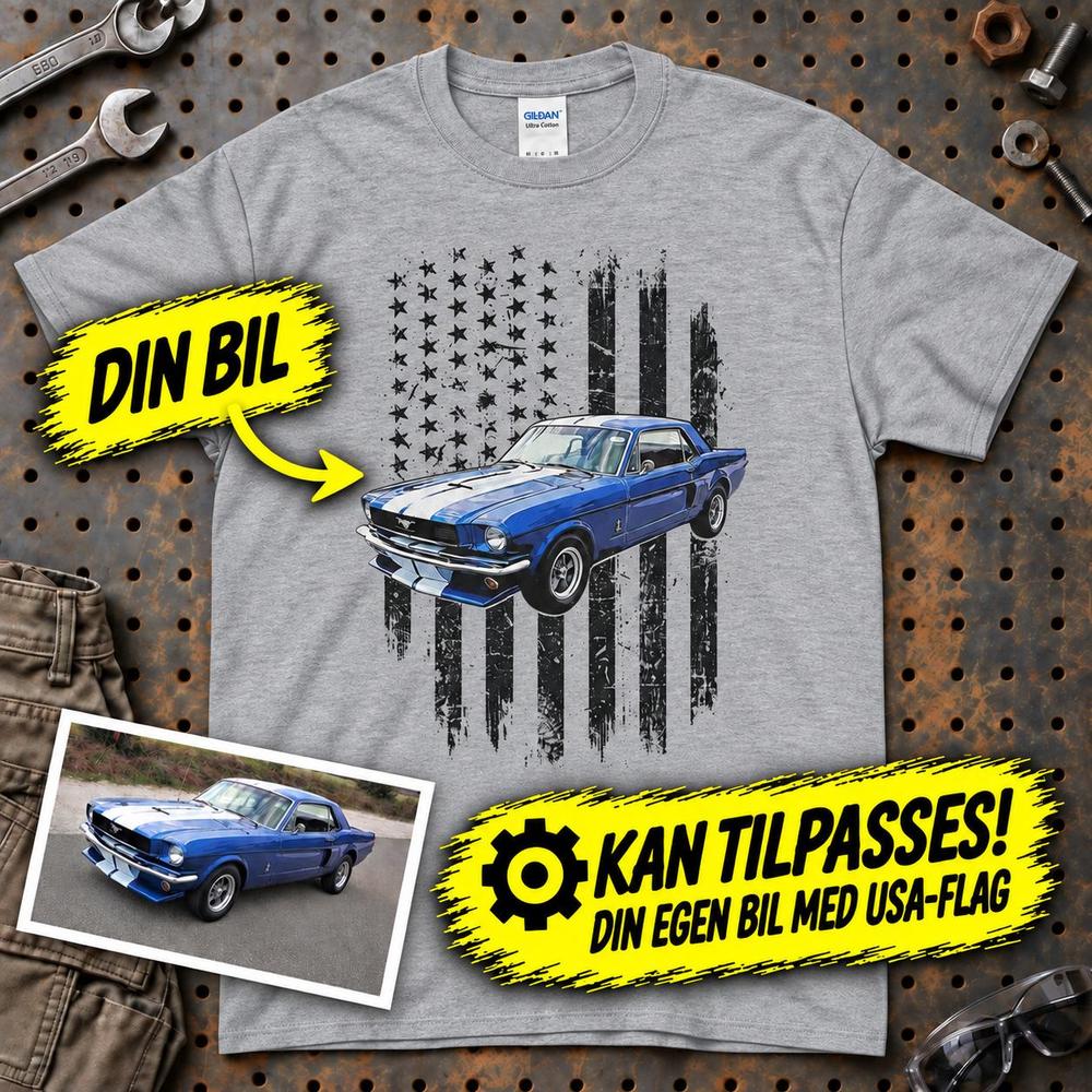 
Produktbillede af Personlig - Din bil og USA Flag - Med Din Bil MC Billede T-Shirt