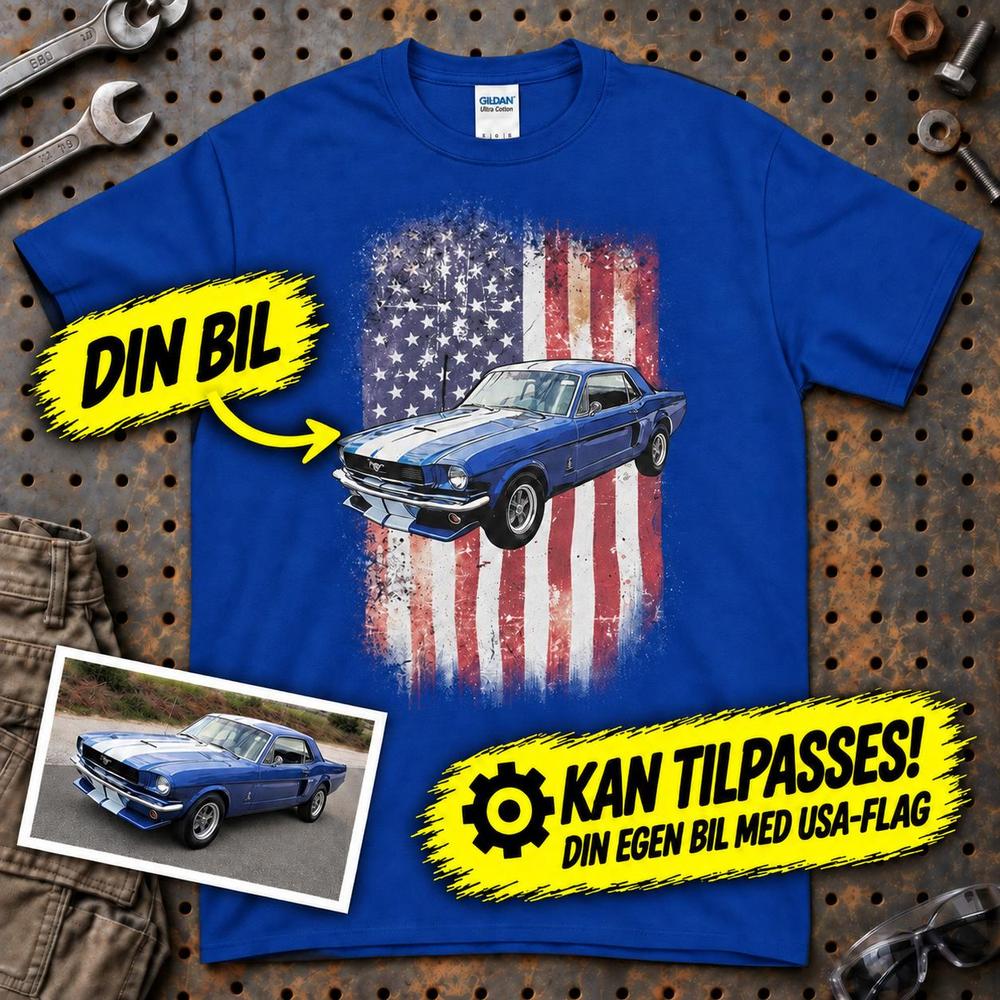
Produktbillede af Personlig - Din bil og USA Flag - Med Din Bil MC Billede T-Shirt