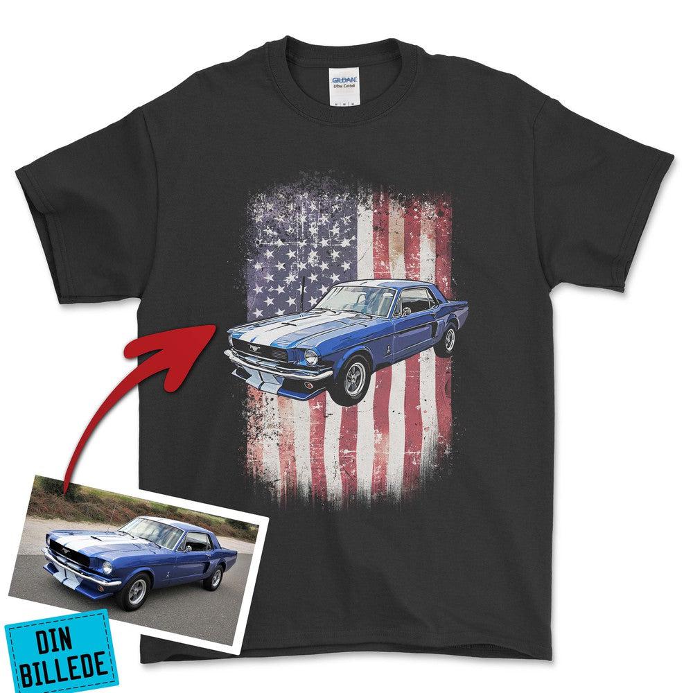 Personlig - Din bil og USA Flag - Med Din Bil MC Billede T-Shirt-Beklædning-Garage Culture-Garage Culture Shop- garage - man cave - merchandise