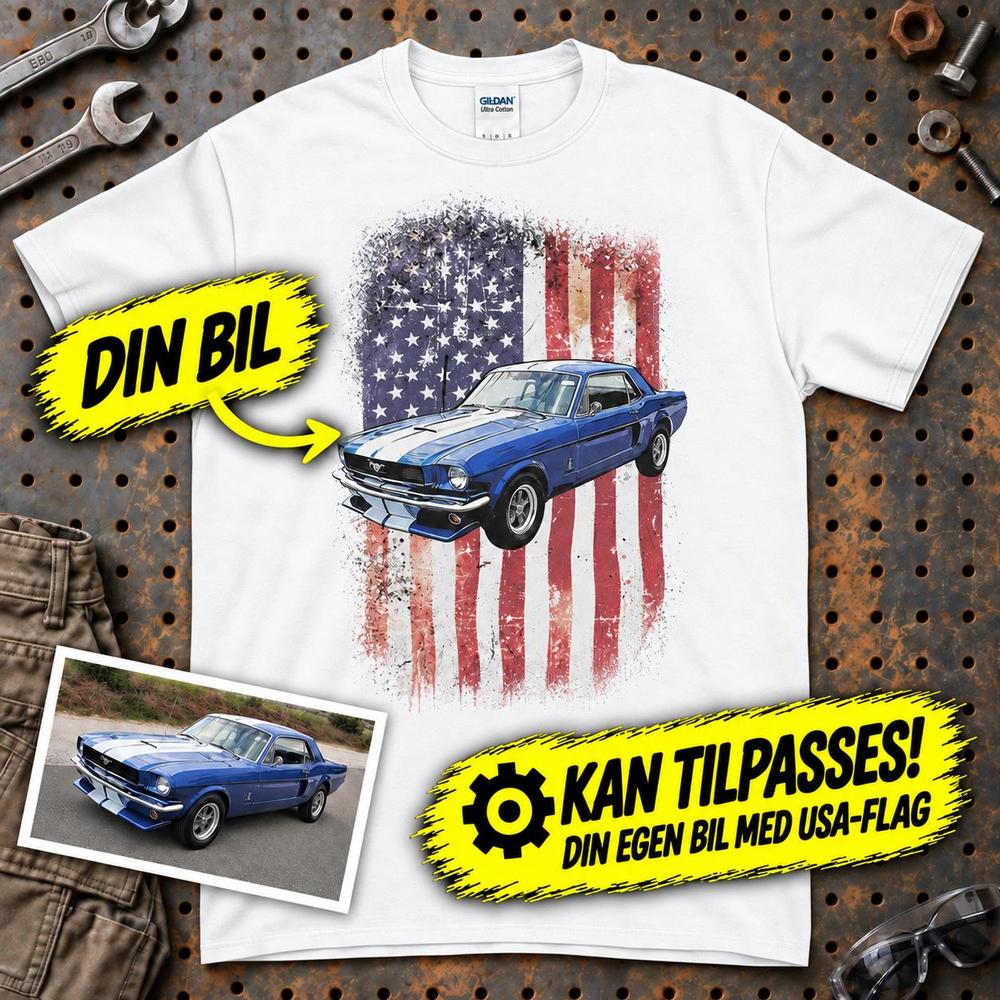 
Produktbillede af Personlig - Din bil og USA Flag - Med Din Bil MC Billede T-Shirt