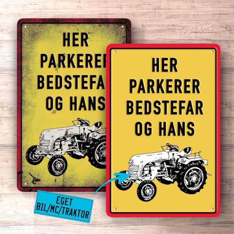 Personlig - Her Parkerer Bedstefar Og Hans Bil MC Traktor Billede - Skilte, Musemåtte, Dørmåtte-Skilte-Garage Culture-Garage Culture Shop- garage - man cave - merchandise