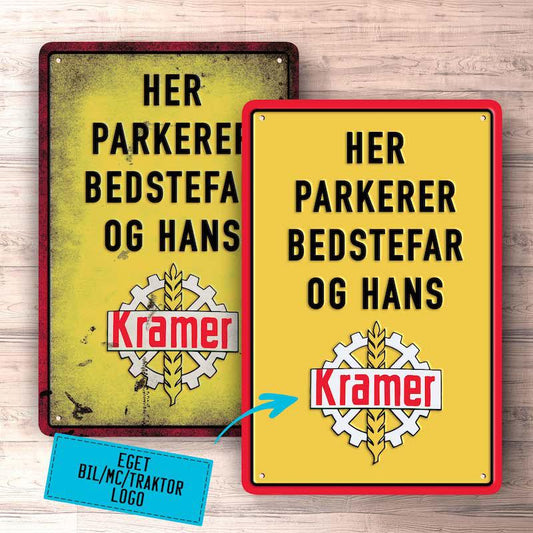 Personlig - Her Parkerer Bedstefar Og Hans Bil MC Traktor Logo - Skilte, Musemåtte, Dørmåtte , Plakat-Skilte-Garage Culture-Garage Culture Shop- garage - man cave - merchandise