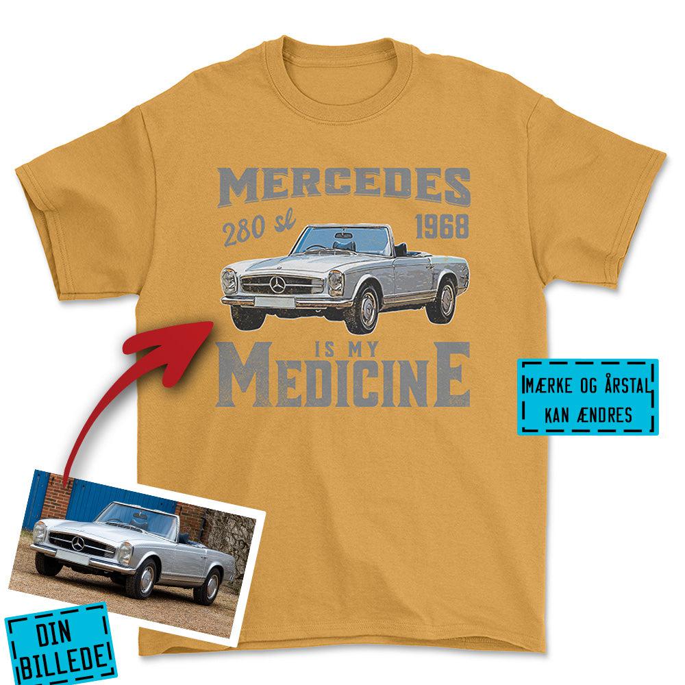 Personlig - My Car/MC Is My Medicine - Med Din Bil MC Billede Unisex T-Shirt , Bomuld-Beklædning-Garage Culture-Guld-S-Forside-Garage Culture Shop- garage - man cave - merchandise