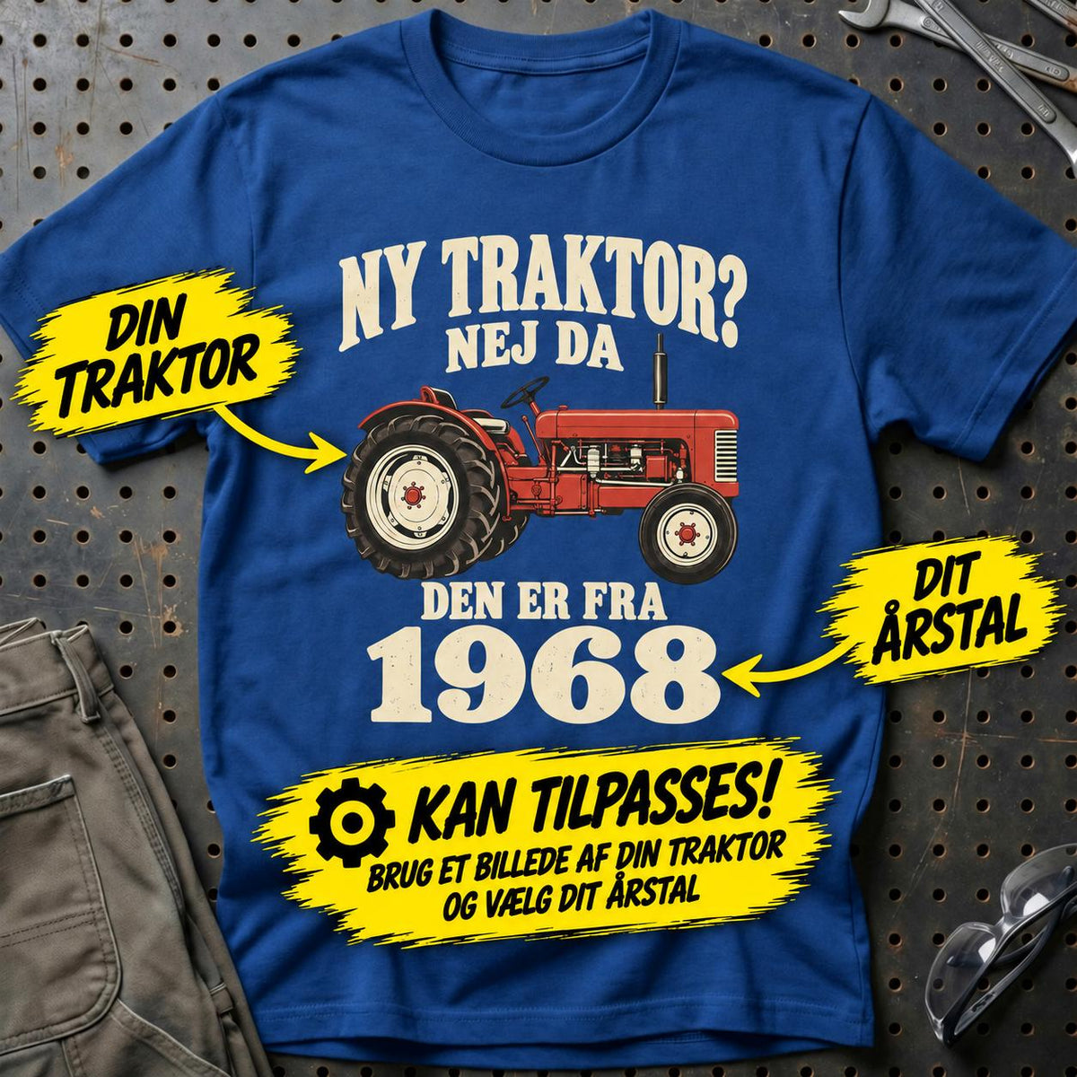 
Produktbillede af Personlig – Ny traktor? Nej da – T-shirt med dit årstal