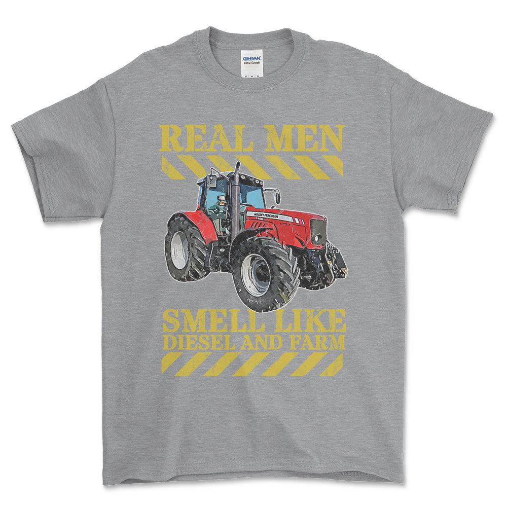 Personlig - Real Men Smell Like Diesel And Farm - Dit traktor billede Unisex T-Shirt , Bomuld-Beklædning-Garage Culture-Grå Sport-S-Forside-Garage Culture Shop- garage - man cave - merchandise