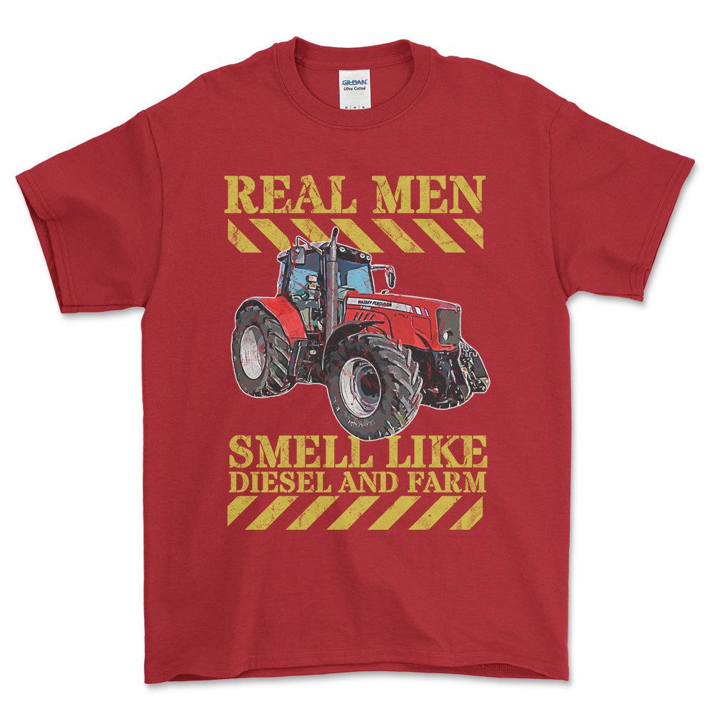 Personlig - Real Men Smell Like Diesel And Farm - Dit traktor billede Unisex T-Shirt , Bomuld-Beklædning-Garage Culture-Rød-S-Forside-Garage Culture Shop- garage - man cave - merchandise