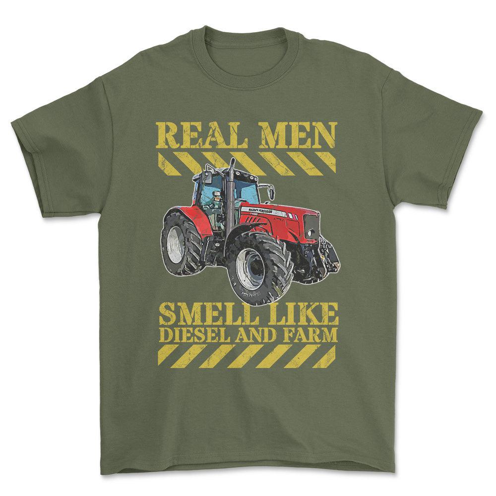 Personlig - Real Men Smell Like Diesel And Farm - Dit traktor billede Unisex T-Shirt , Bomuld-Beklædning-Garage Culture-Grøn Militær-S-Forside-Garage Culture Shop- garage - man cave - merchandise