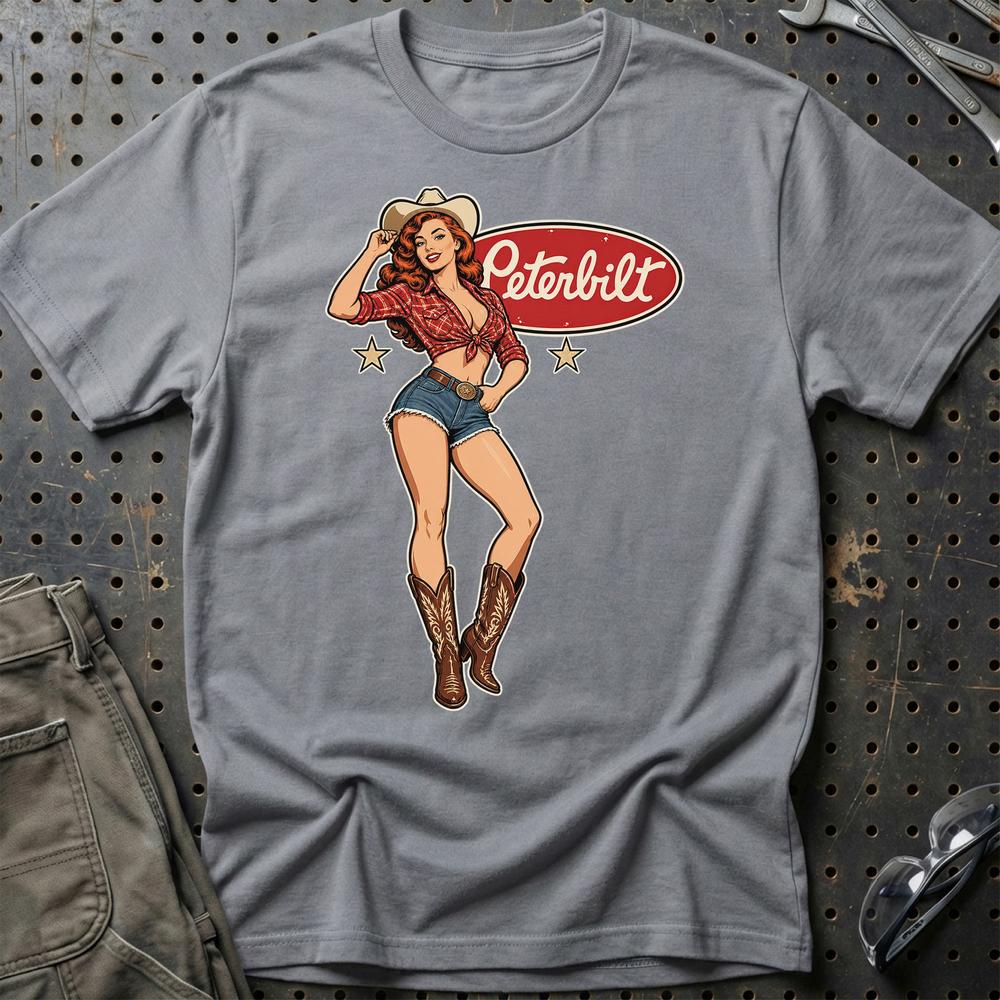 Peterbilt Cowboy Pinup T-Shirt-Beklædning-Peterbilt-Grå Sport-S-Garage Culture Shop- garage - man cave - merchandise