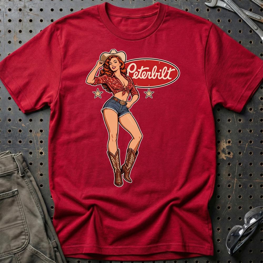 Peterbilt Cowboy Pinup T-Shirt-Beklædning-Peterbilt-Rød-S-Garage Culture Shop- garage - man cave - merchandise