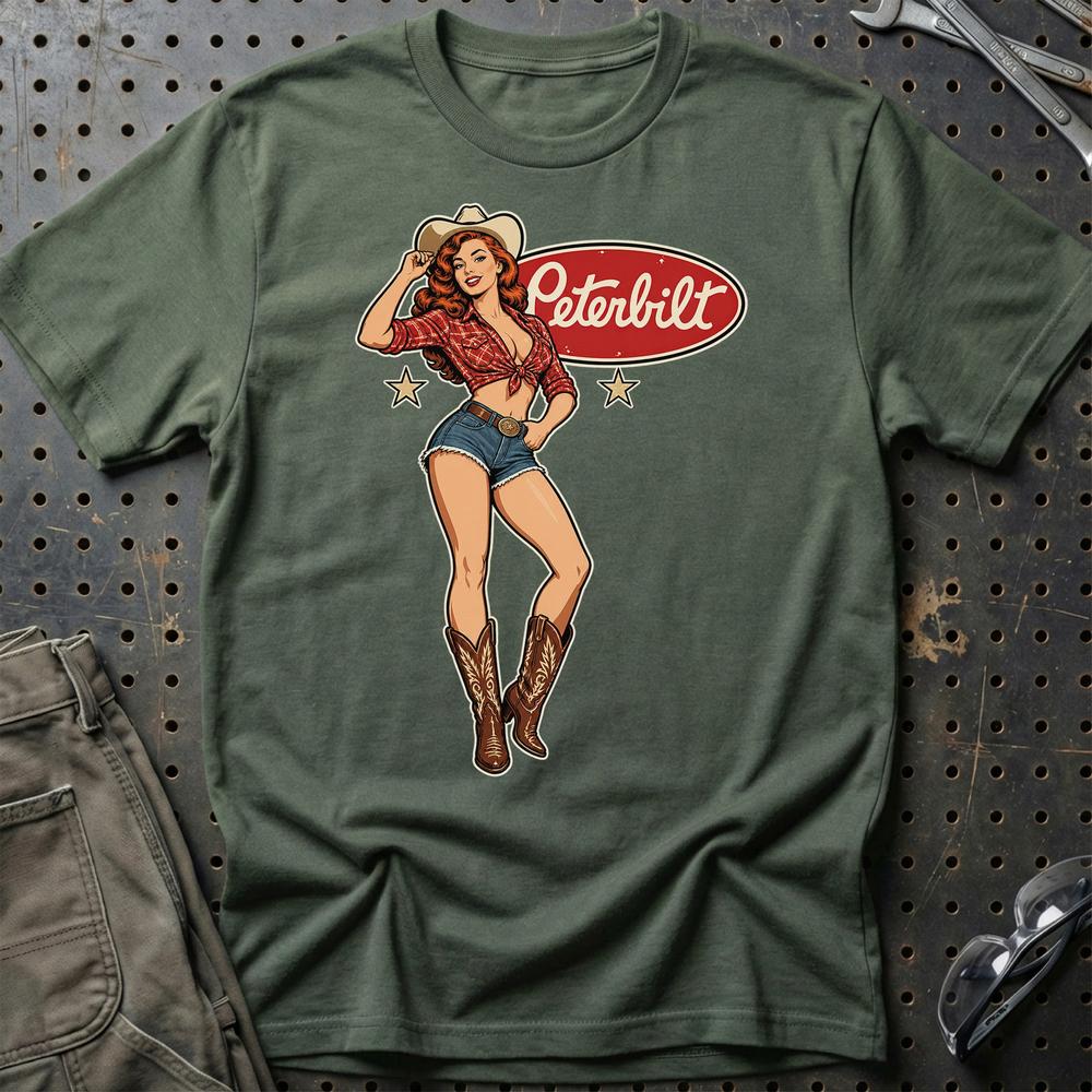 Peterbilt Cowboy Pinup T-Shirt-Beklædning-Peterbilt-Grøn Militær-S-Garage Culture Shop- garage - man cave - merchandise