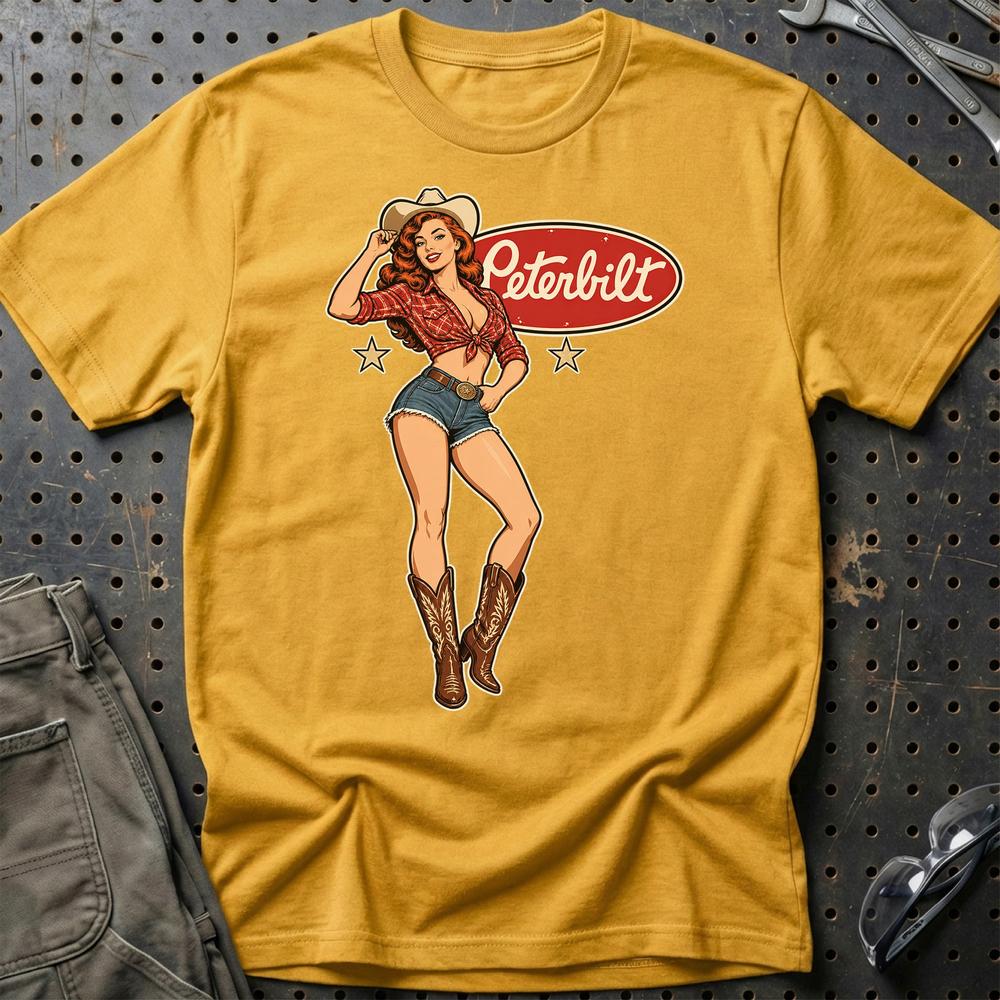 Peterbilt Cowboy Pinup T-Shirt-Beklædning-Peterbilt-Guld-S-Garage Culture Shop- garage - man cave - merchandise