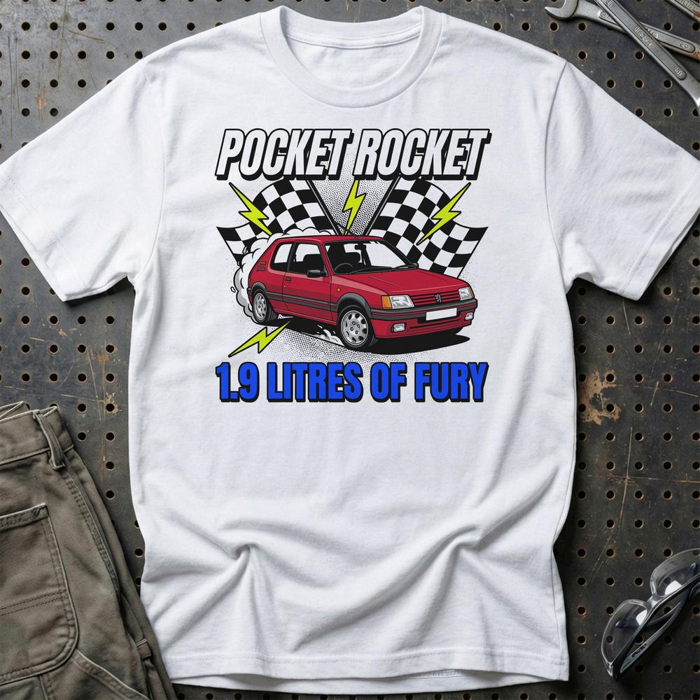 Peugeot 205 GTI Pocket Rocket 1.9 Litres of Fury- Unisex T-Shirt-Beklædning-Peugeot-Hvid-S-Garage Culture Shop- garage - man cave - merchandise