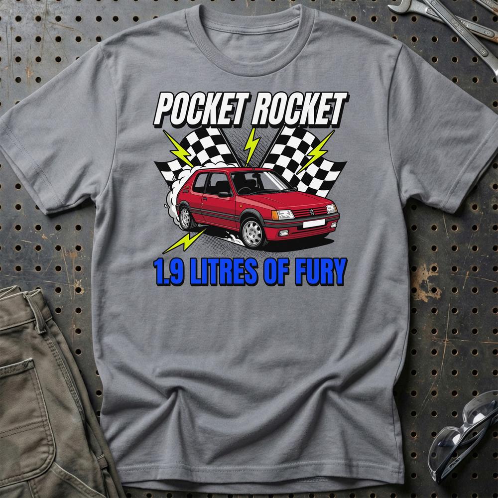 Peugeot 205 GTI Pocket Rocket 1.9 Litres of Fury- Unisex T-Shirt-Beklædning-Peugeot-Grå Sport-S-Garage Culture Shop- garage - man cave - merchandise