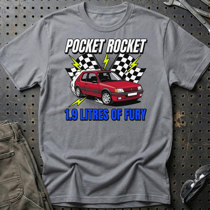 Peugeot 205 GTI Pocket Rocket 1.9 Litres of Fury- Unisex T-Shirt-Beklædning-Peugeot-Grå Sport-S-Garage Culture Shop- garage - man cave - merchandise