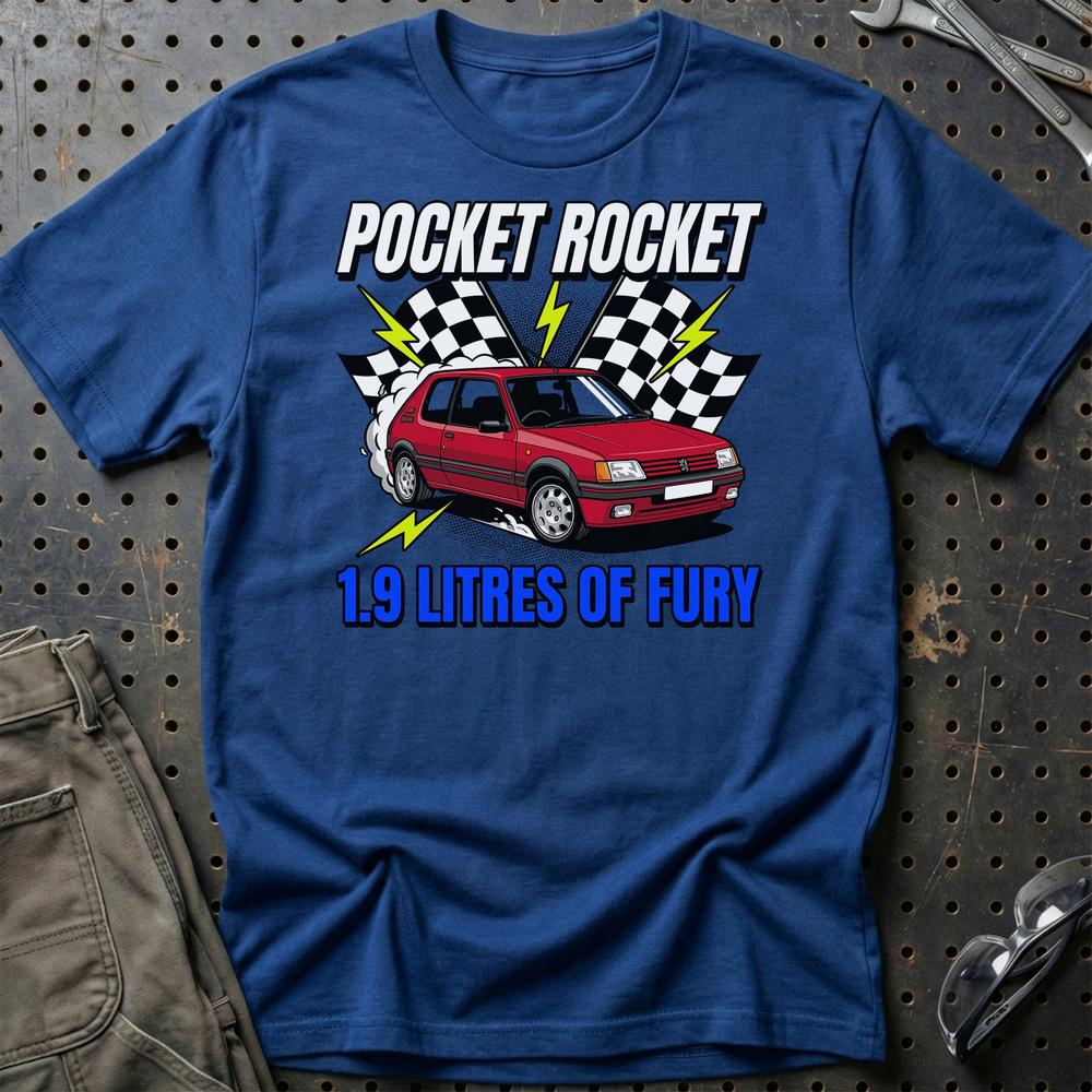 Peugeot 205 GTI Pocket Rocket 1.9 Litres of Fury- Unisex T-Shirt-Beklædning-Peugeot-Blå Royal-S-Garage Culture Shop- garage - man cave - merchandise