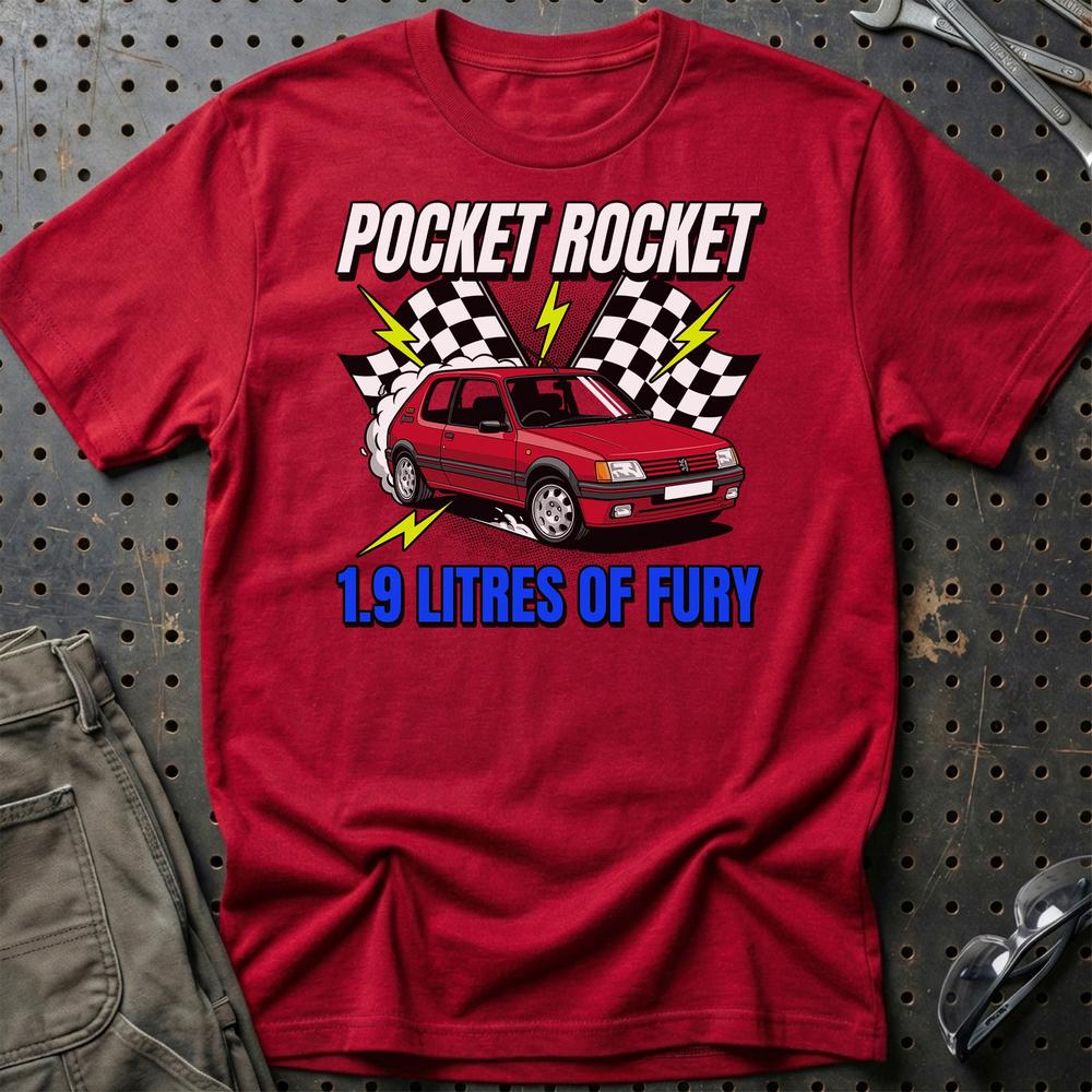 Peugeot 205 GTI Pocket Rocket 1.9 Litres of Fury- Unisex T-Shirt-Beklædning-Peugeot-Rød-S-Garage Culture Shop- garage - man cave - merchandise