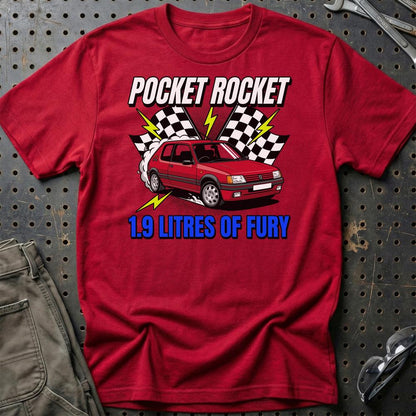Peugeot 205 GTI Pocket Rocket 1.9 Litres of Fury- Unisex T-Shirt-Beklædning-Peugeot-Rød-S-Garage Culture Shop- garage - man cave - merchandise